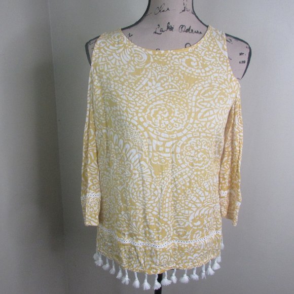 Chico's Blouse 0 Yellow Cold Shoulder 3/4 Sleeve - Picture 1 of 13
